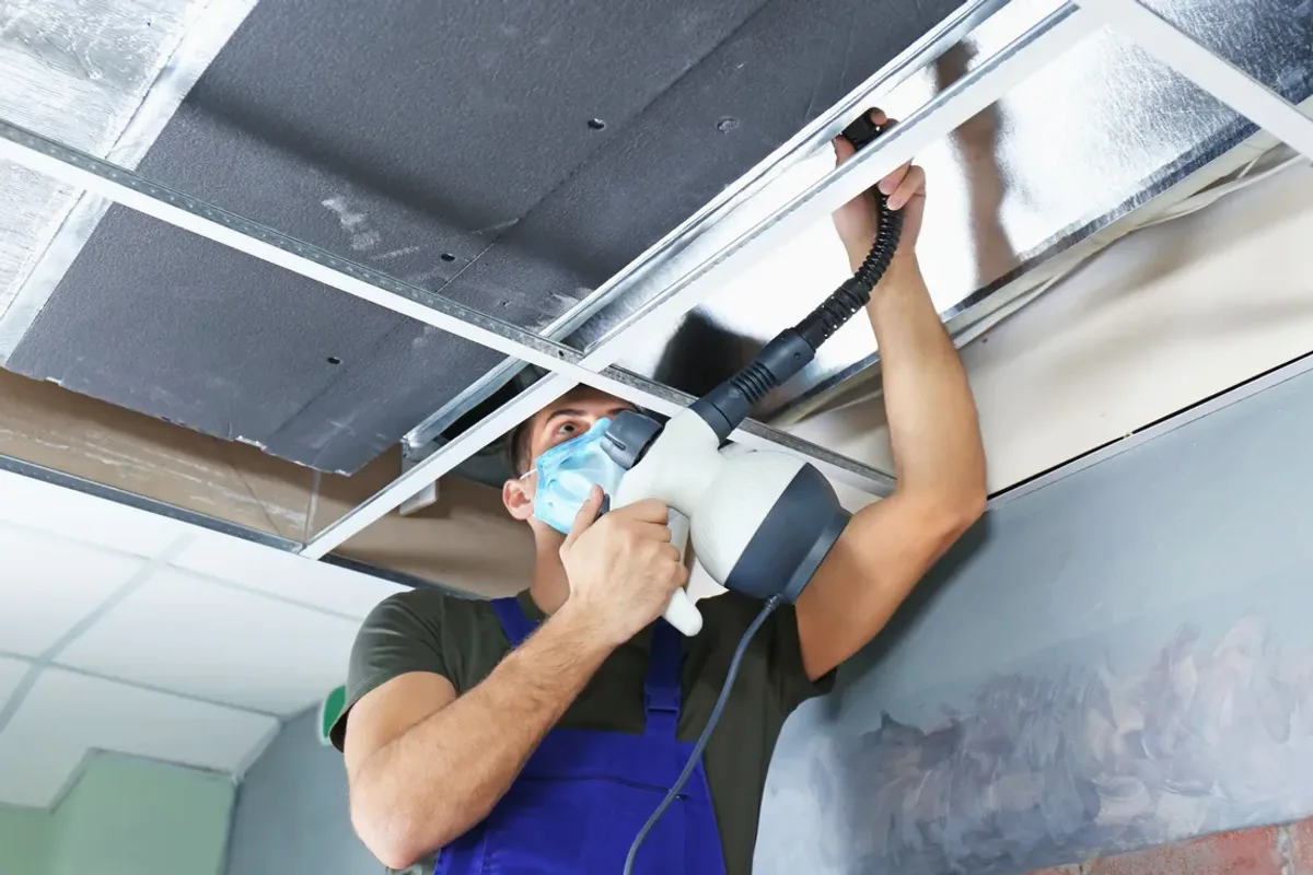 Worker in a mask cleaning a ceiling air duct with a handheld tool