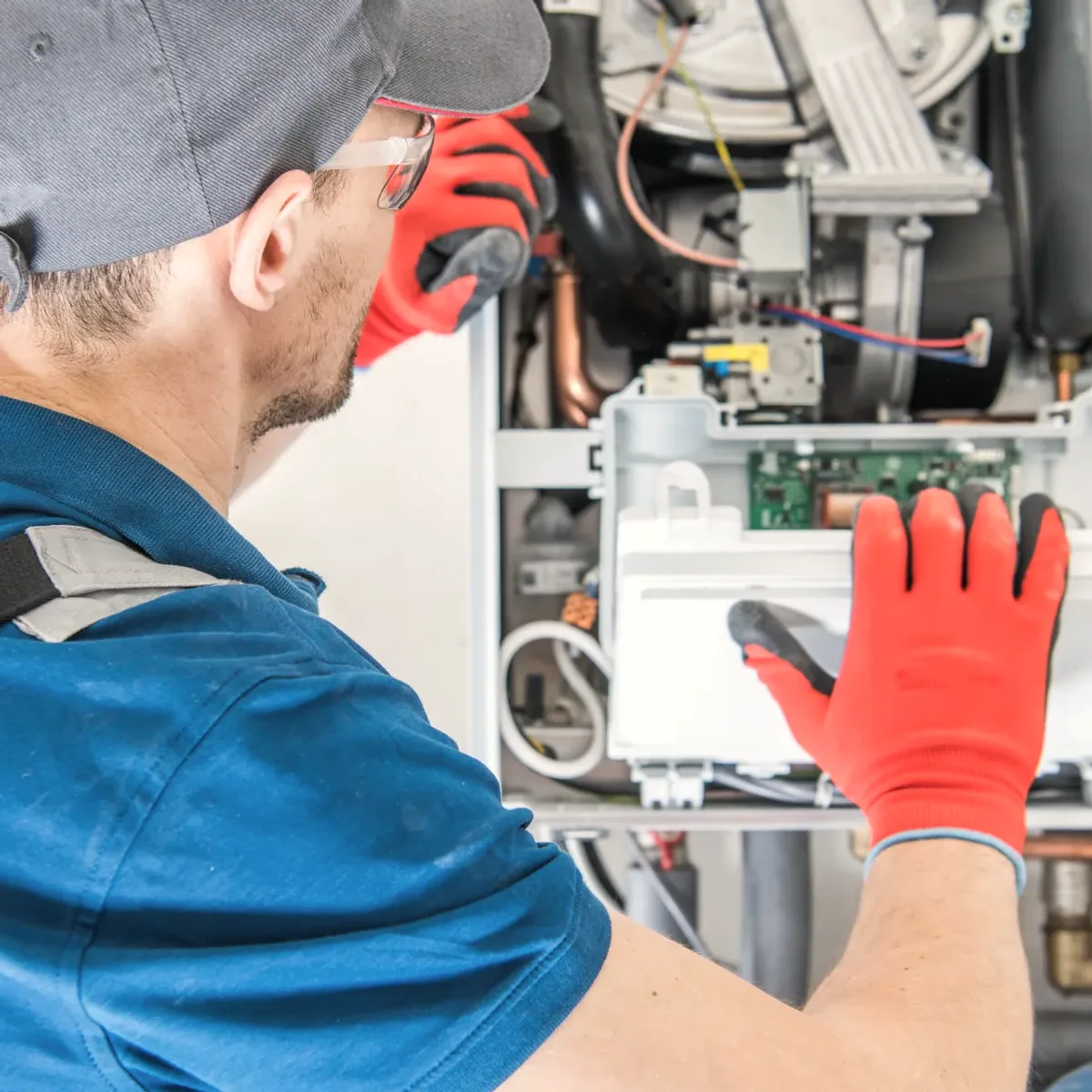 Technician in red gloves servicing a boiler's controls