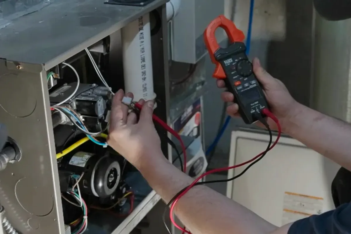 Technician testing a furnace's wiring with a clamp meter